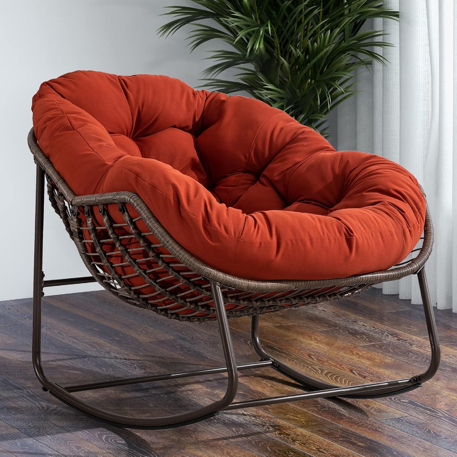 KEIKI Oversized Patio Lounge Chair-Outdoor Rattan Egg Reading Chair, Indoor Padded Cushion Papasan Rocking Chair W/Steel Frame, Porch Rocker Chairs Furniture for Garden Lawn, Orange Red Spun-polyester