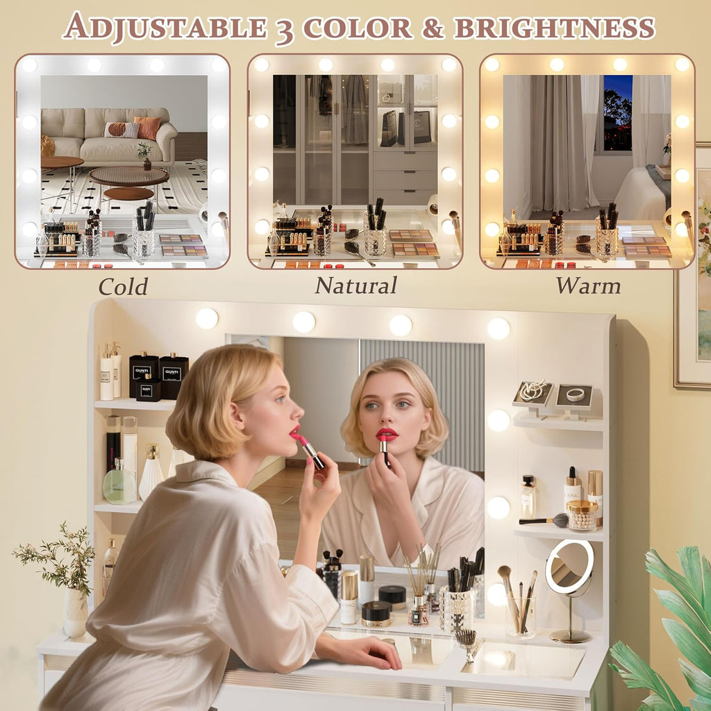 Makeup Vanity with 3-Color Lighted Mirror, Glass Top Makeup Desk with 7 Drawers, 4 Shelves, Built-in Power Outlet, Small Vanity Table for Women & Girls, White