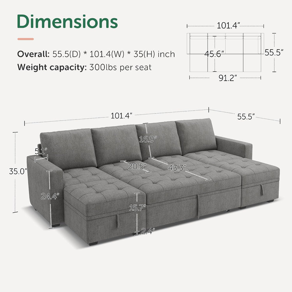 HONBAY Modular Sectional Sleeper Sofa with Pull Out Bed,U Shaped Couch with Storage Seat,Sectional Couches for Living Room,Warm Grey