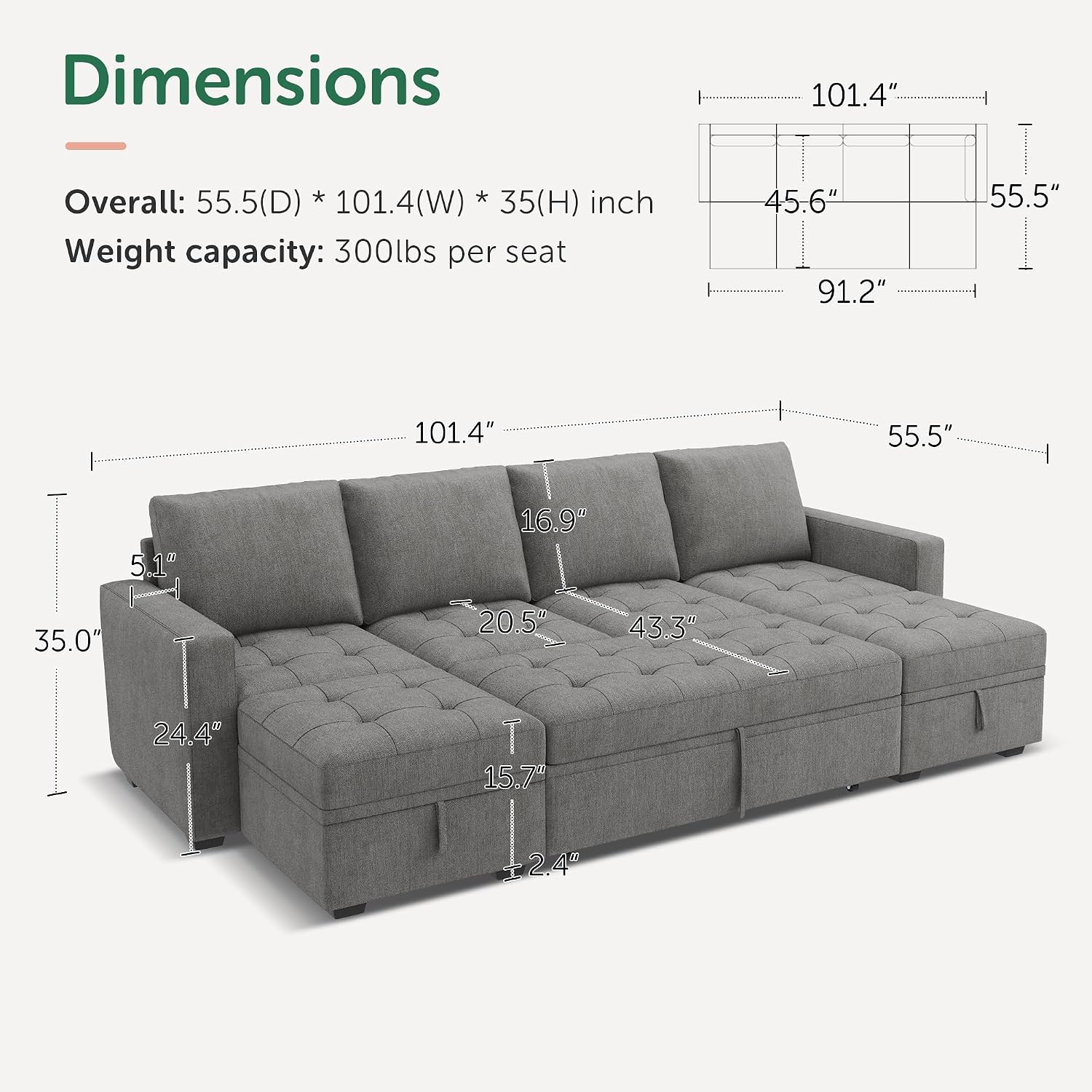 HONBAY Modular Sectional Sleeper Sofa with Pull Out Bed,U Shaped Couch with Storage Seat,Sectional Couches for Living Room,Warm Grey