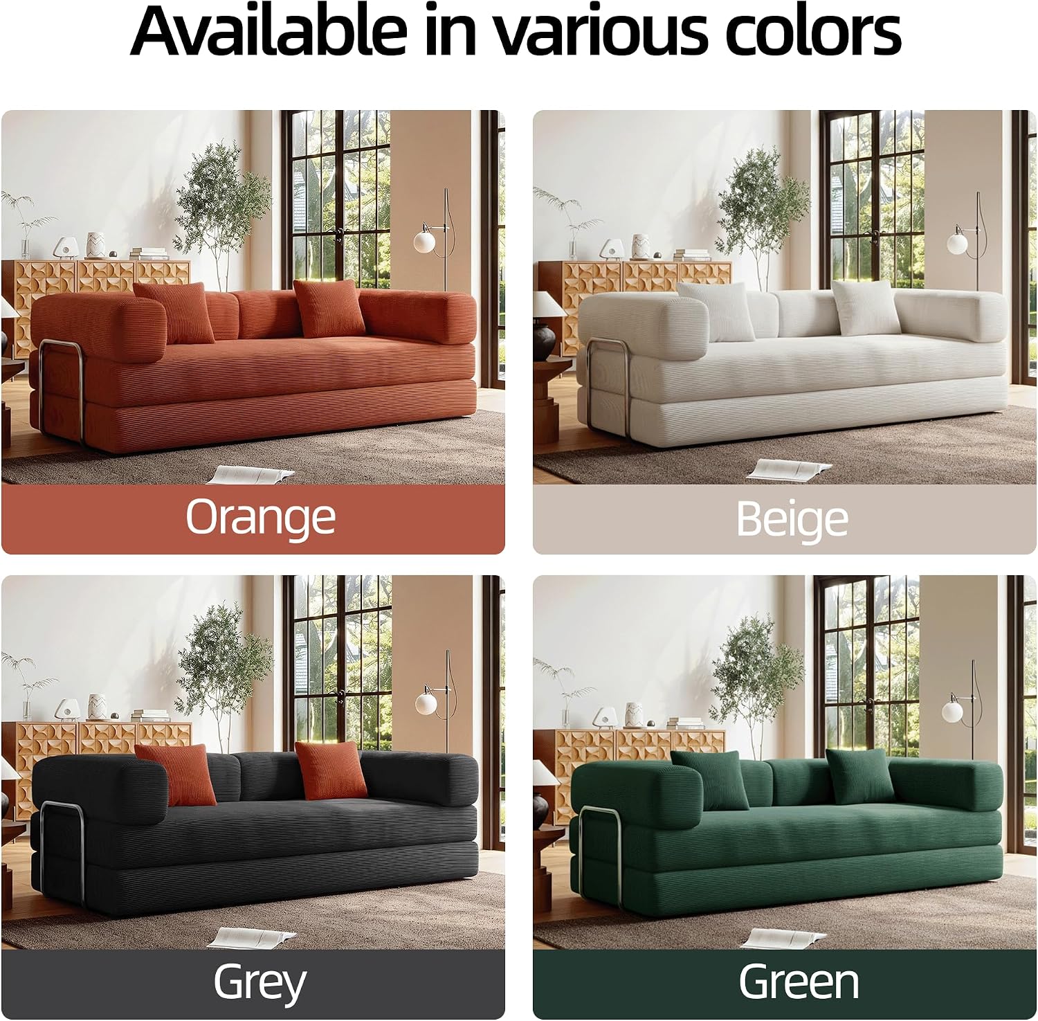 5-in-1 Folding Convertible Sofa Bed, Loveseat Sleeper with Pull-Out Bed, Floor Sofa Modular Futon Couch, 79' Oversized Corduroy Upholstered Boneless Couch for Living Room, Bedroom, Lounge, Orange-A