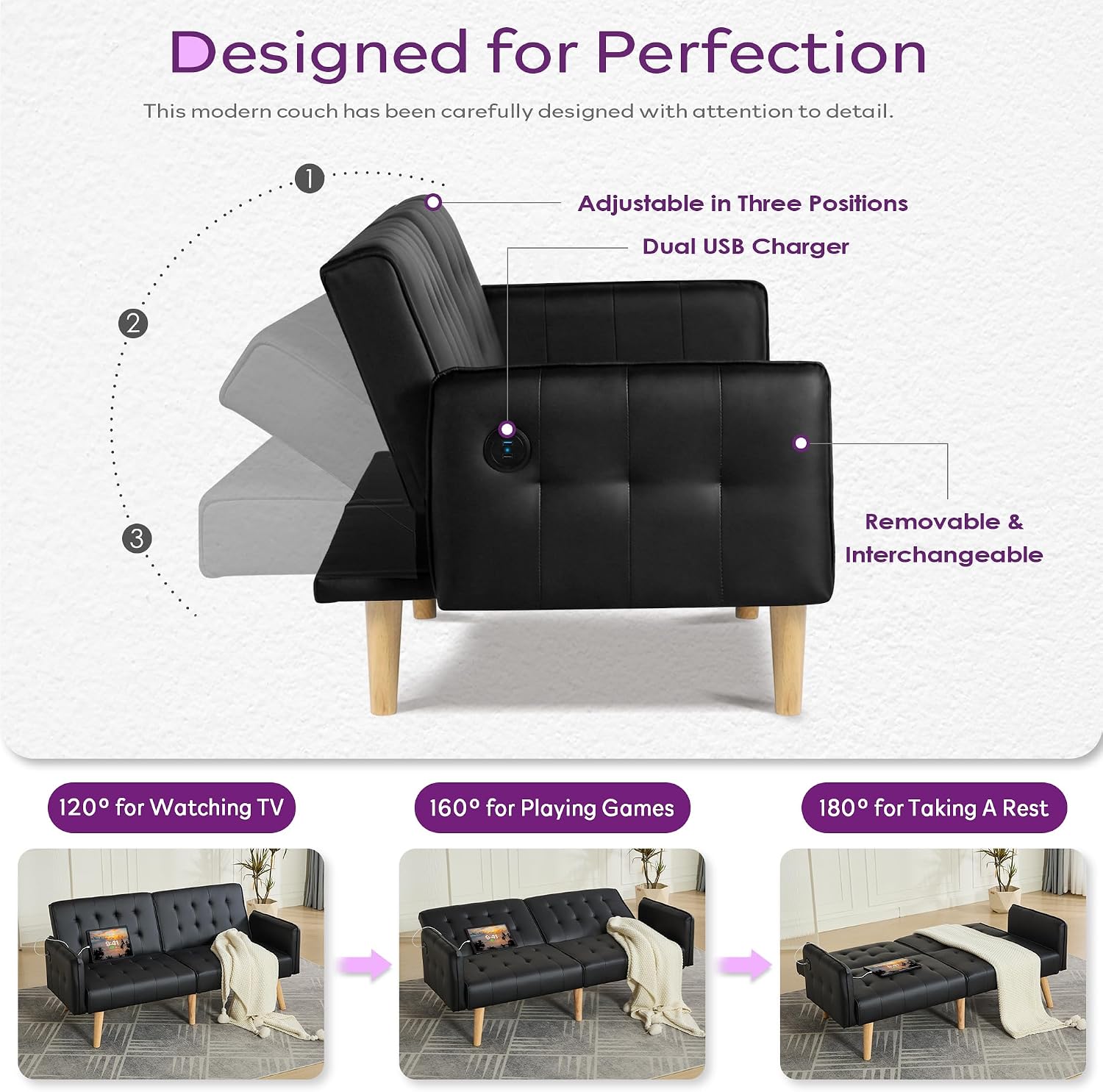TYBOATLE Faux Leather Convertible 65'' Folding Futon Sofa Bed w/ 2 USB, Loveseat for Small Space, Apartment, Dorm, Living Room, Office, Black