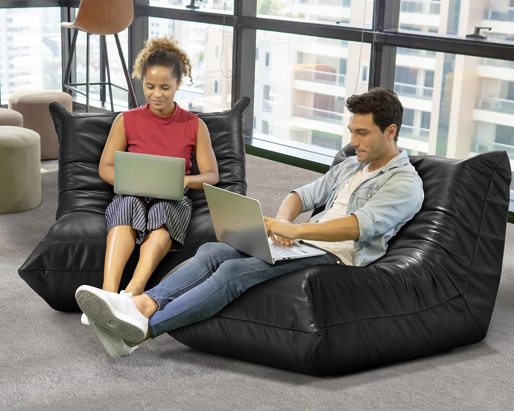 Hobestluk Giant Bean Bag Chair Lazy Floor Sofa, Memory Foam Fireside Sofa for Adults, Big Beanbag Faux Leather Armless Chair for Living Room Bedroom Dorm Office (Black, Single)