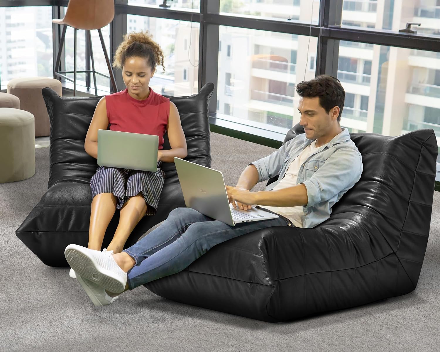 Hobestluk Giant Bean Bag Chair Lazy Floor Sofa, Memory Foam Fireside Sofa for Adults, Big Beanbag Faux Leather Armless Chair for Living Room Bedroom Dorm Office (Black, Single)