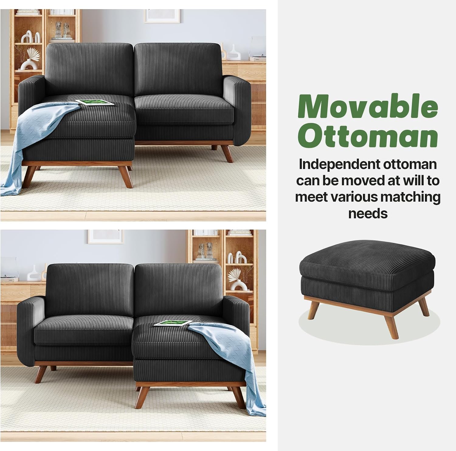 Vesgantti 68' Loveseat Sofa with Movable Ottoman, Comfy Corduroy Couch with Spring Cushion, Sofa Couch with Solid Wood, Modern Office Sofa with Deep Seat for Living Room and Bedroom, Black