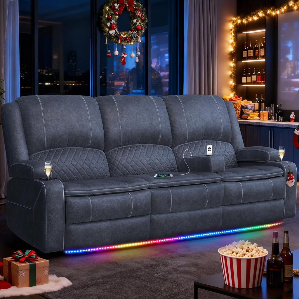 Redesigned Recliner Sofa 3 Seater Couch with Recliner, Home Theater Seating with Liftable Console & Removable Armrest, Manual Velvet Fabric Sofa Reclinering with Storage & USB Ports for Living Room