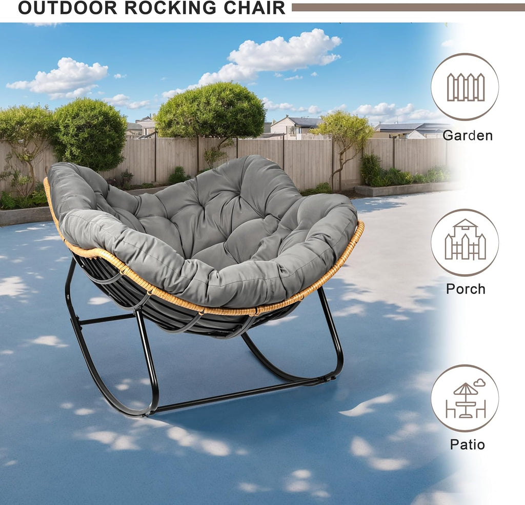 Egg-Shaped Outdoor Rocking Chair, Patio Rocking Chair with Thick Cushion, Modern Indoor Papasan Rocking Chair, Lounge Rocker for Balcony, Living Room, Bedroom, Porch, Lawn, Garden (Dark Grey)