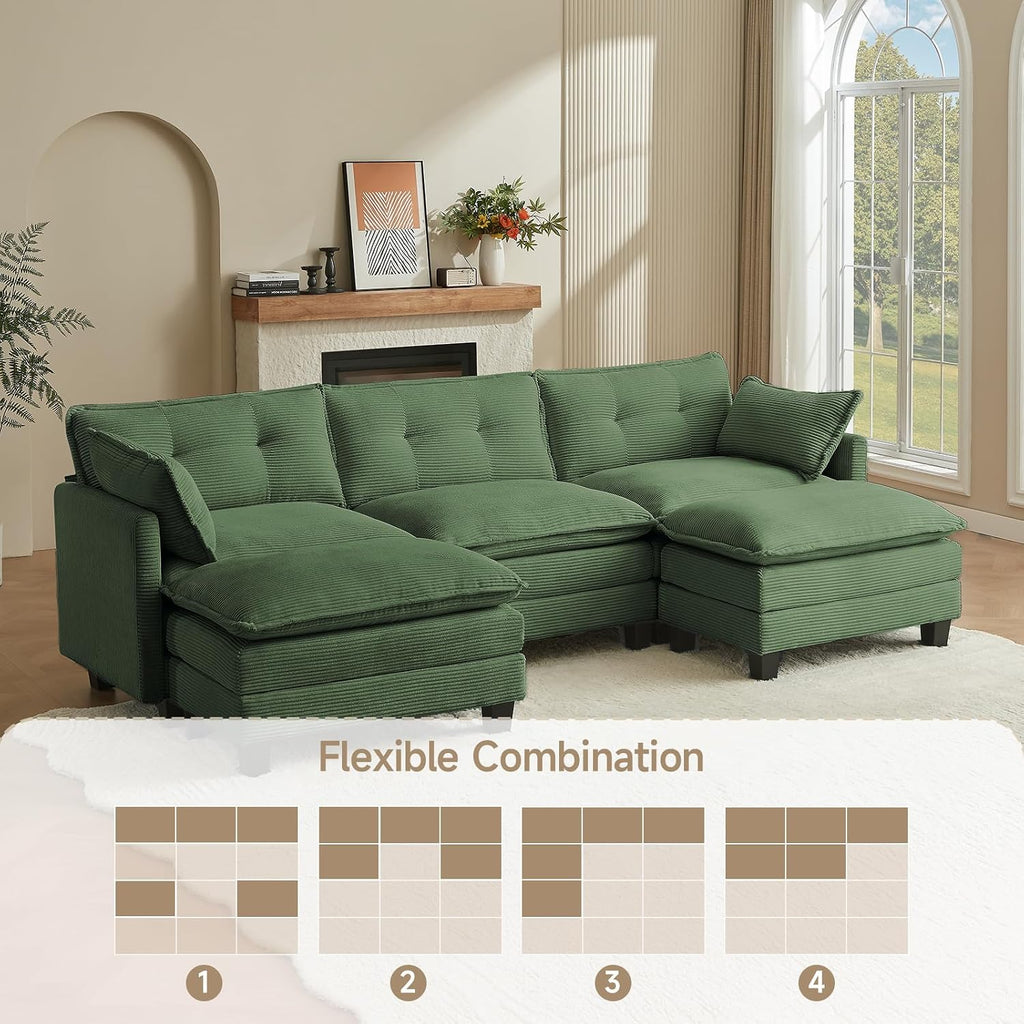 Amsleekey Modular Sectional Sofa, 111.5' U-Shaped Corduroy Comfy Sectional Couches for Living Room, 3-Seater Cloud Couches with 2 Movable Ottomans, Flexible Combination Modern Deep Seat Sofa (Green)