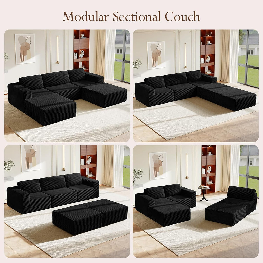 Vesgantti 119' Oversized U-Shaped Modular Sectional Sofa, Corduroy Cloud Couch with Deep Seating & Spring Support, Convertible Sofa with 2 Ottomans, Boneless Couch, No Assembly Required, Black
