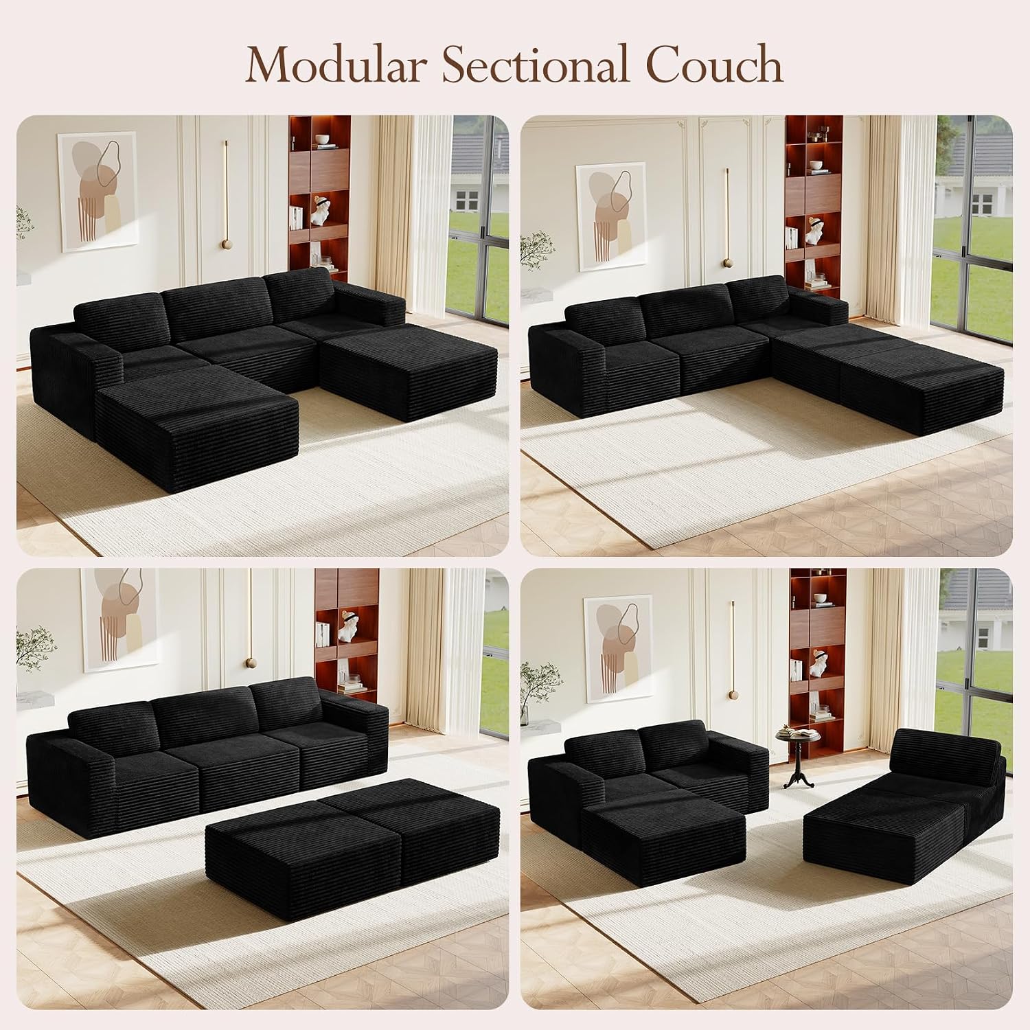 Vesgantti 119' Oversized U-Shaped Modular Sectional Sofa, Corduroy Cloud Couch with Deep Seating & Spring Support, Convertible Sofa with 2 Ottomans, Boneless Couch, No Assembly Required, Black