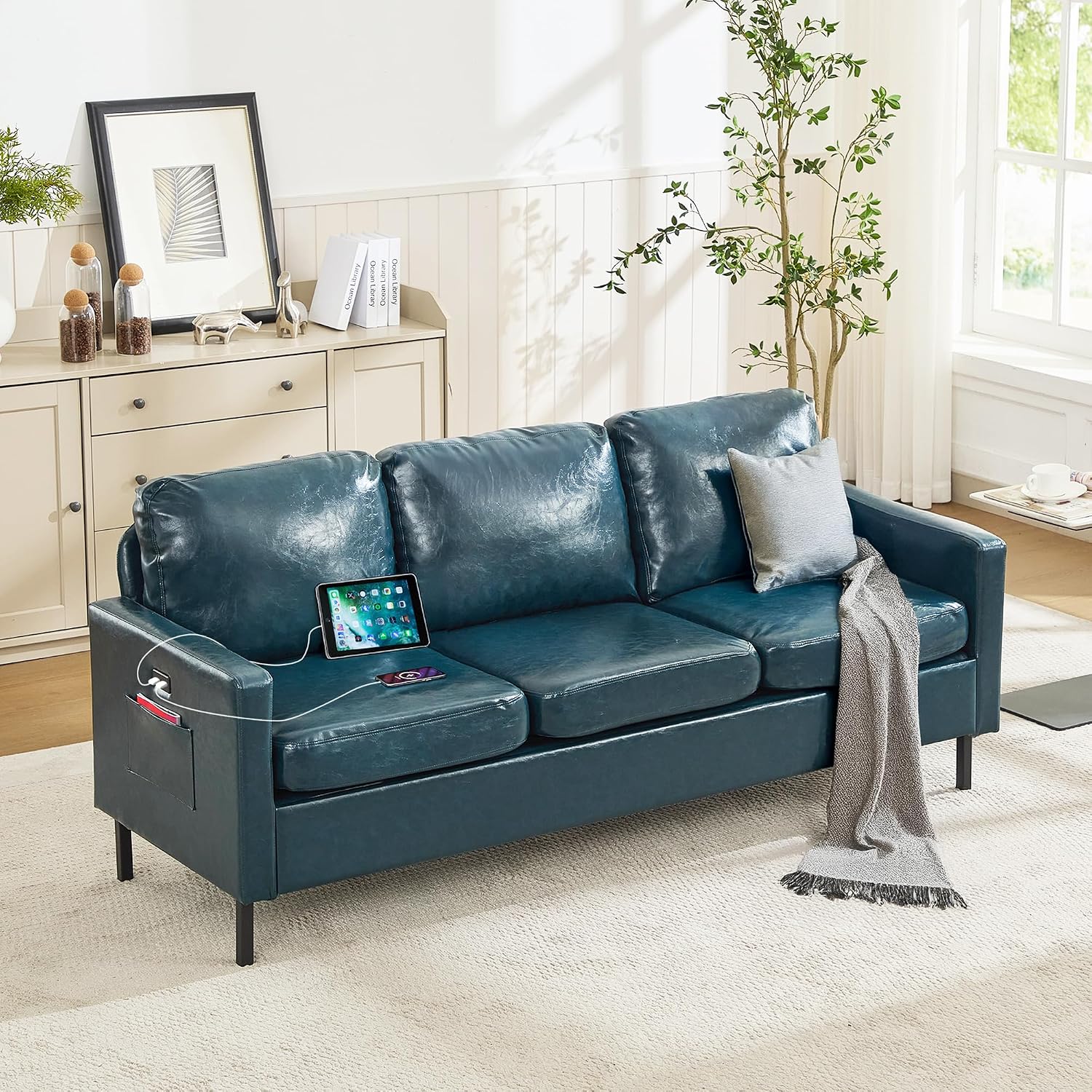 STHOUYN 73' W Faux Leather Couch w/ 2 USB, Leather Sofa w/Side Pockets, Wooden Frame 3 Seat Couch for Livingroom, Office, Apartment (Blue, 3 Seater)