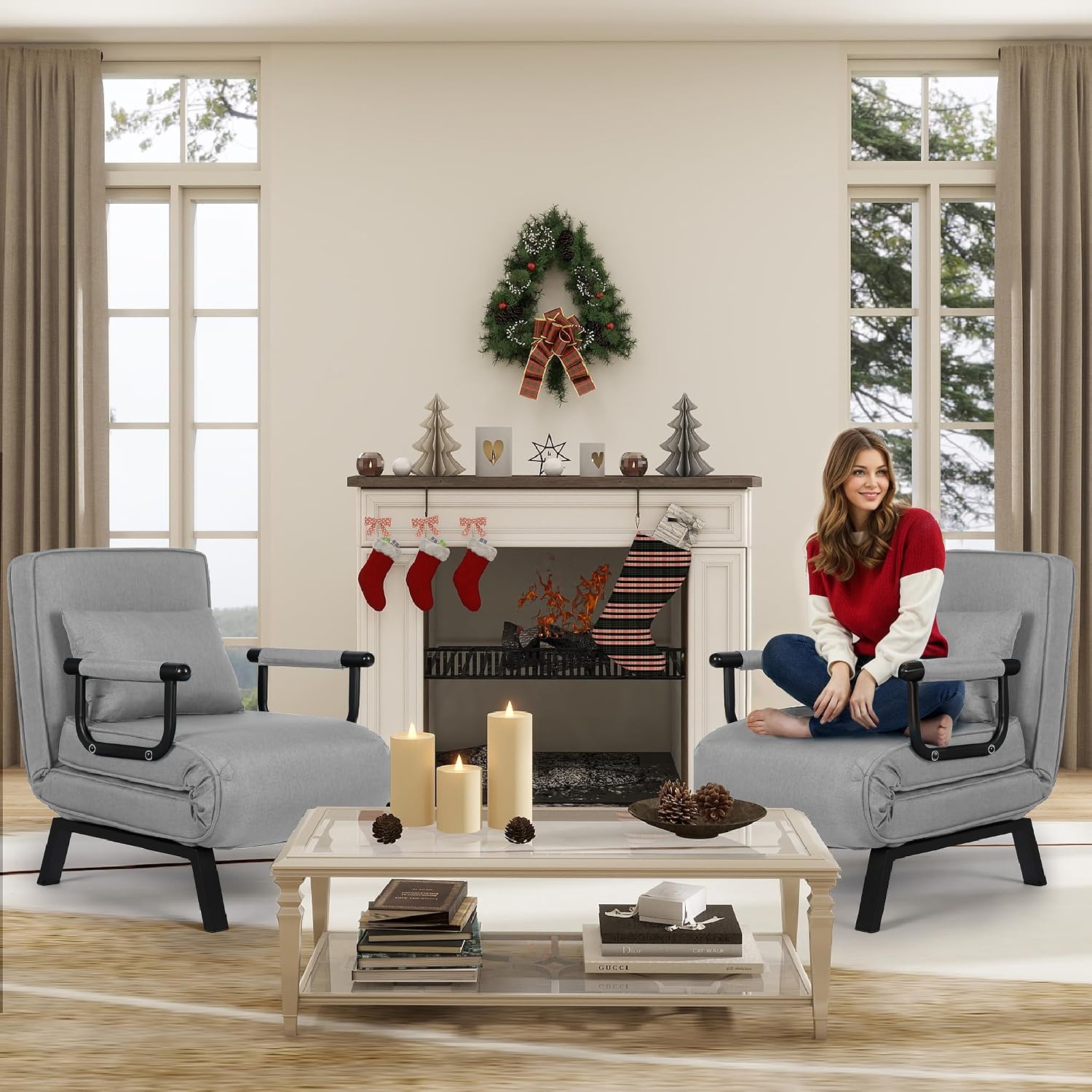 TYBOATLE Folding Chair Bed, Comfy Convertible Sleeper Sofa, 5 in 1 Folding Bed with 5-Position Adjustable Backrest & Pillow, Floor Single Chairs, Cozy Futon Chair for Small Spaces, Office (Light Grey)