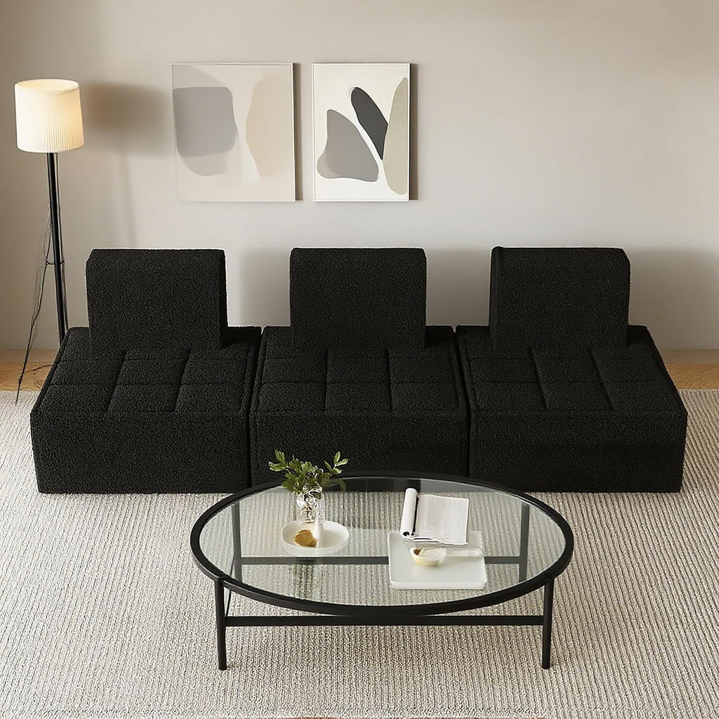 PurrJoys Modular Sectional 3-Seater Sofa 3-Piece Deep Seat Corduroy Lounge Sofa Small 3-Seater Couch for Living Room, Bedroom, Apartment, Black