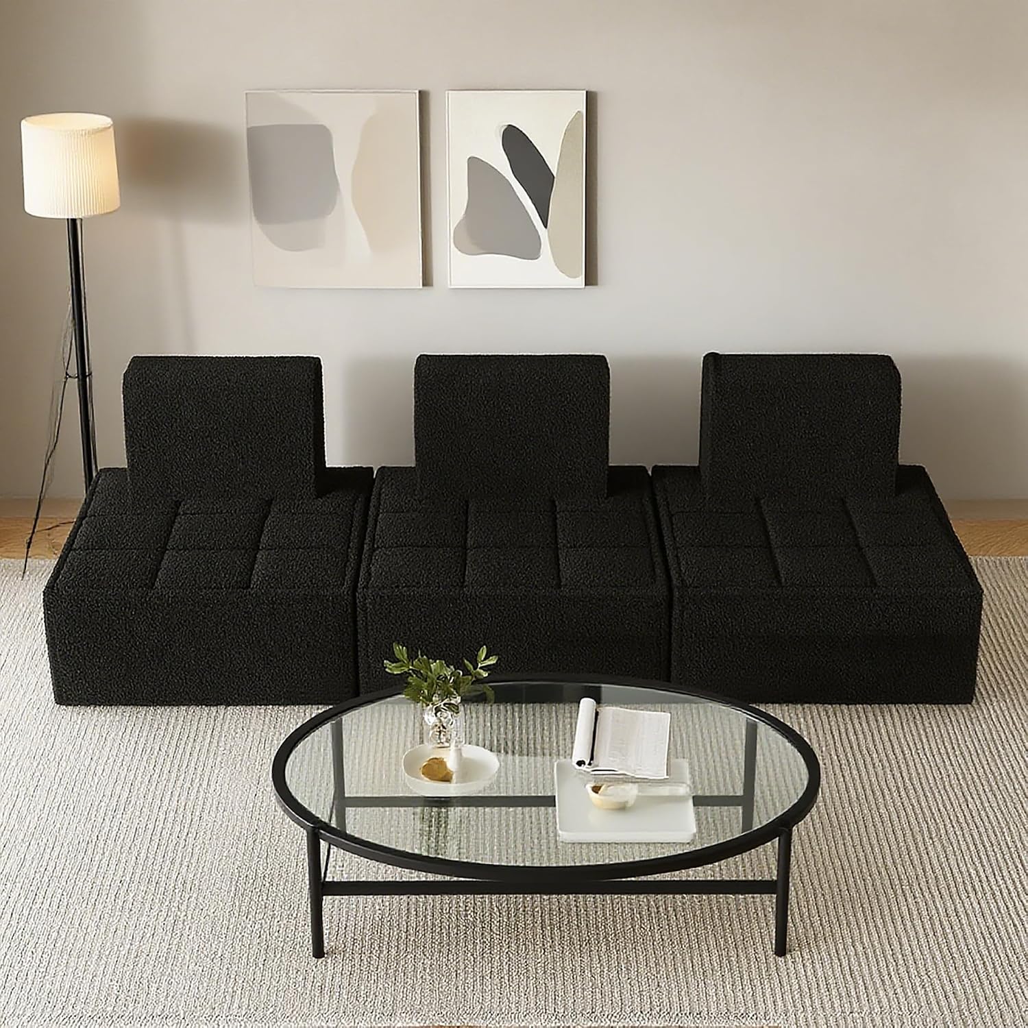 PurrJoys Modular Sectional 3-Seater Sofa 3-Piece Deep Seat Corduroy Lounge Sofa Small 3-Seater Couch for Living Room, Bedroom, Apartment, Black