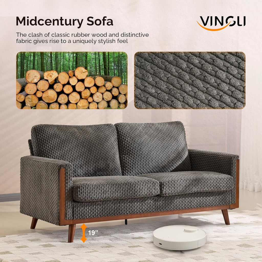 VINGLI 68' W Comfy Mid Century Loveseat, Two Seater Sofa with Spring Support & Solid Wood Frame, Corduroy Fabric Small Couch for Living Room, Small Space, Bedroom, Grey