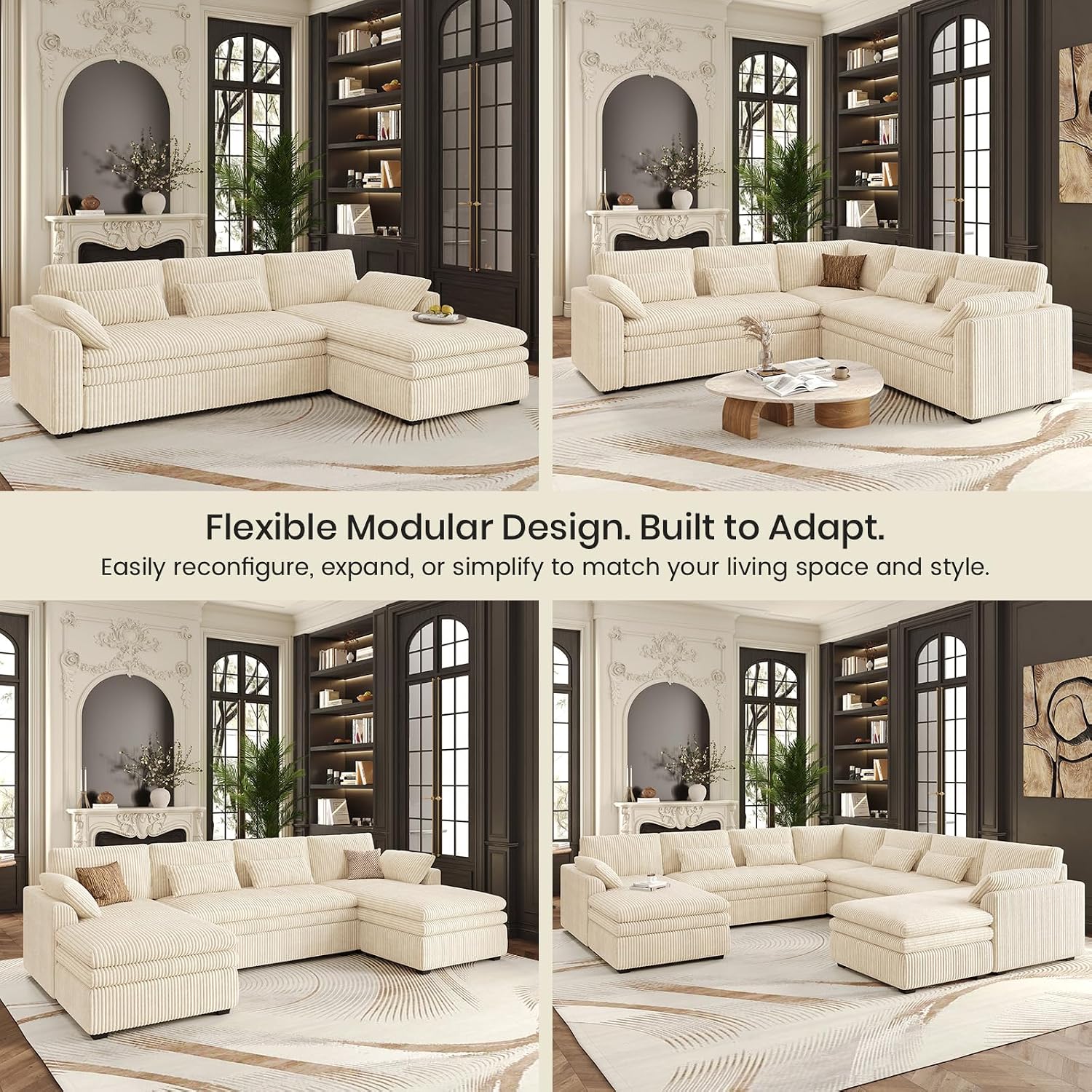 Belffin Large Modular Sectional Sofa with Deep Chaise, Corduroy U Shaped Couch with 9' Soft Dual-Layer 7 Seats Cushion for Living Room, Apartment, Beige