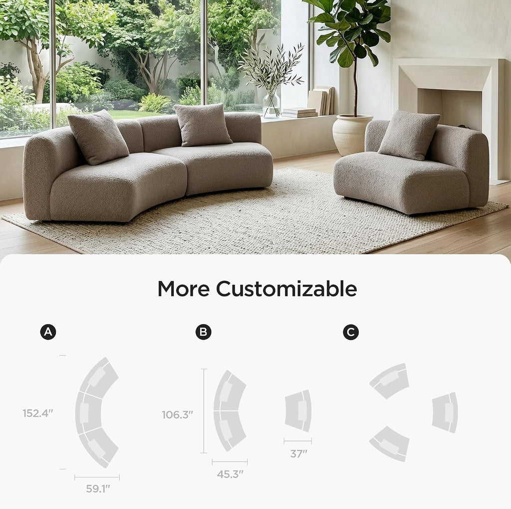 Acanva Modern Curved Sectional Living Room Couch, Minimalist Comfy Boucle Fabric Modular Sofa for Apartment, Home Office, 3-Piece Set (3 x Armless Chair), Light Coffee | Boucle Fabric, Modular, Minimalist, Comfy