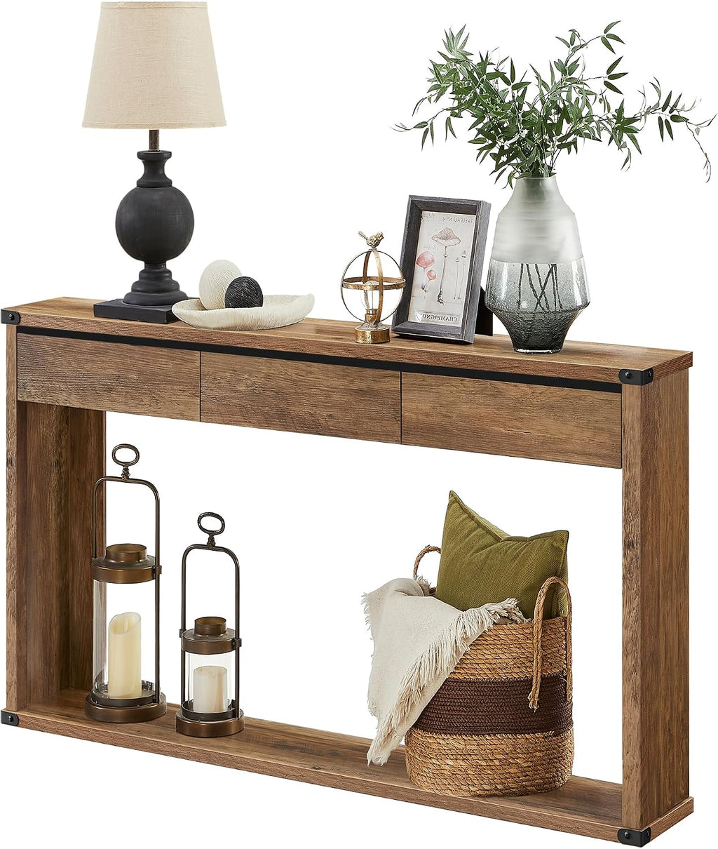 VASAGLE Sofa Console Table, 47.2 Inches Narrow Entryway Table with 3 Drawers, Bottom Shelf, Metal Corners, for Living Room, Bedroom, Farmhouse Style, Honey Brown ULNT143KB01S
