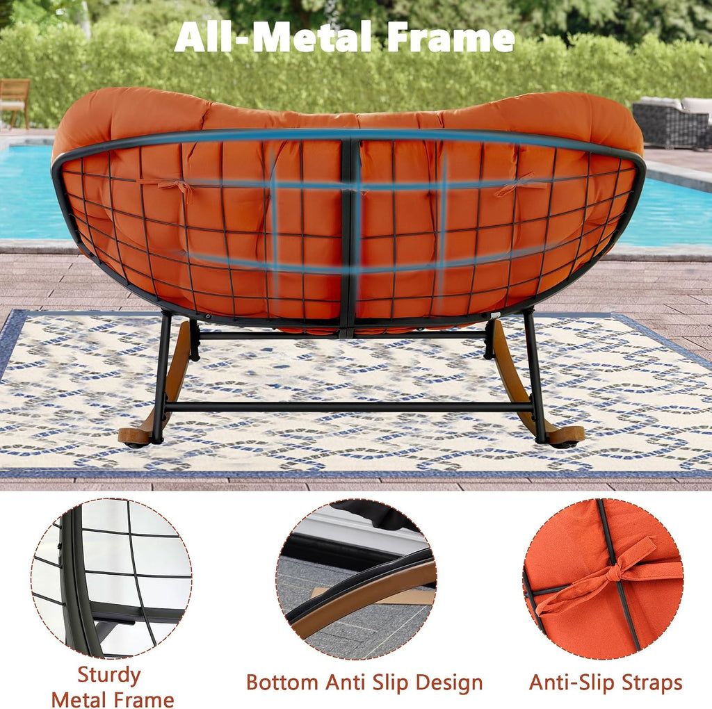 Double Outdoor Papasan Rocking Chair, Oversized Papasan Loveseat with 6' Weatherproof Cushion & PE Rattan Frame, All-Weather Patio Furniture for 2 Adults,Red