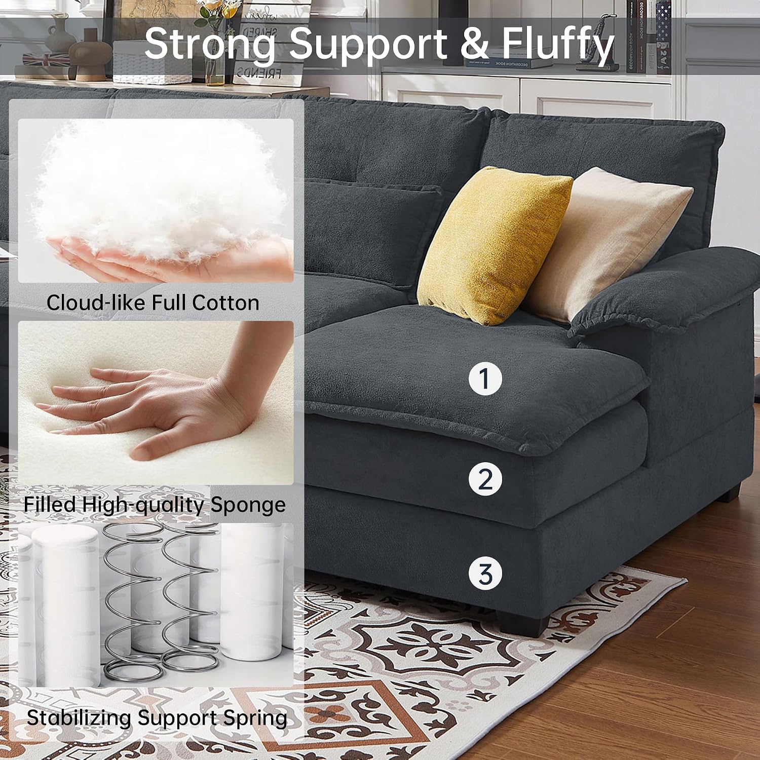 110' Comfy Cloud Couch Sectional Sofa with Lumbar Pillows, Modern U-Shaped Cloud Sofa with Double Chaise & Deep Seat for Living Room, or Office, Easy Assembly, Dark Grey