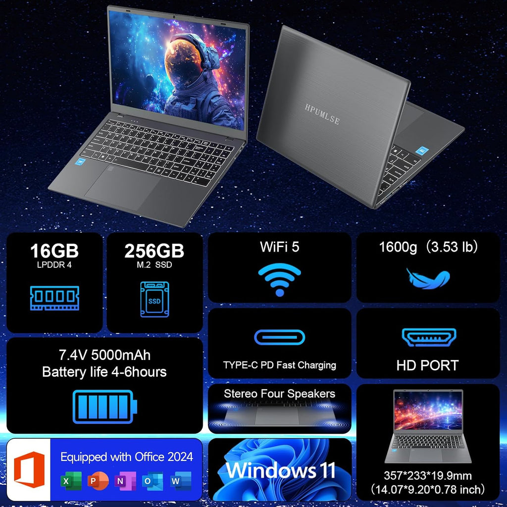 Windows11 Intel Laptop 15.6'HD Display（Celeron N5095） 16GB RAM 256GB SSD Storage，with Fingerprint Unlock | Privacy Camera | Backlit Keyboard，Suitable for Student and Business