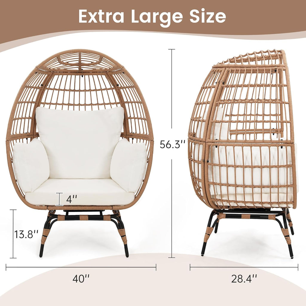 Murago Oversized 360° Swivel Rattan Egg Chair for Adult, Indoor Outdoor Patio Large Wicker Egg Chair with Overstuffed Cushions, 440lb Weight Capacity, Natural Rattan with Beige Cushion