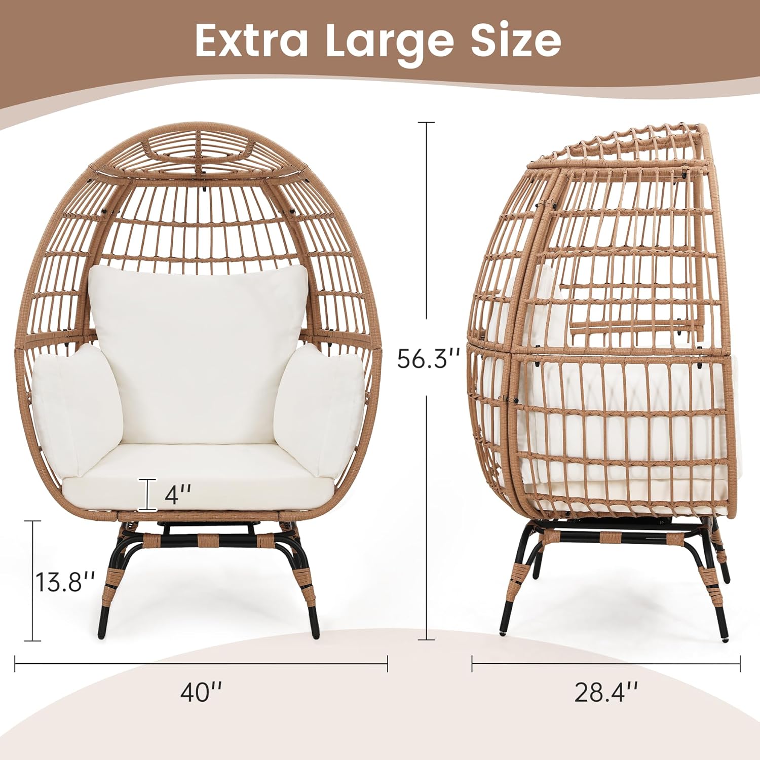Murago Oversized 360° Swivel Rattan Egg Chair for Adult, Indoor Outdoor Patio Large Wicker Egg Chair with Overstuffed Cushions, 440lb Weight Capacity, Natural Rattan with Beige Cushion