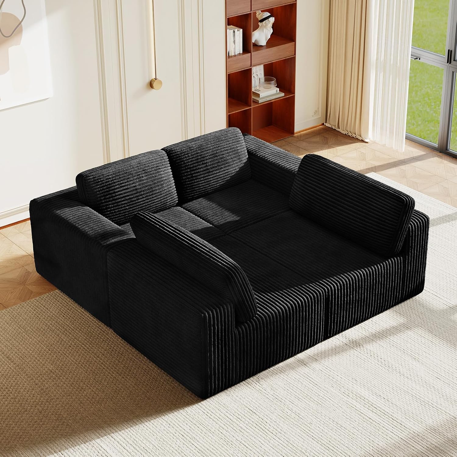 Vesgantti 159' Modular Sectional Sofa, Corduroy Cloud Couch with Extra Deep Seats & Spring Support, Flexible Layout 4-Seater Boneless Couch, No Assembly Required, Black
