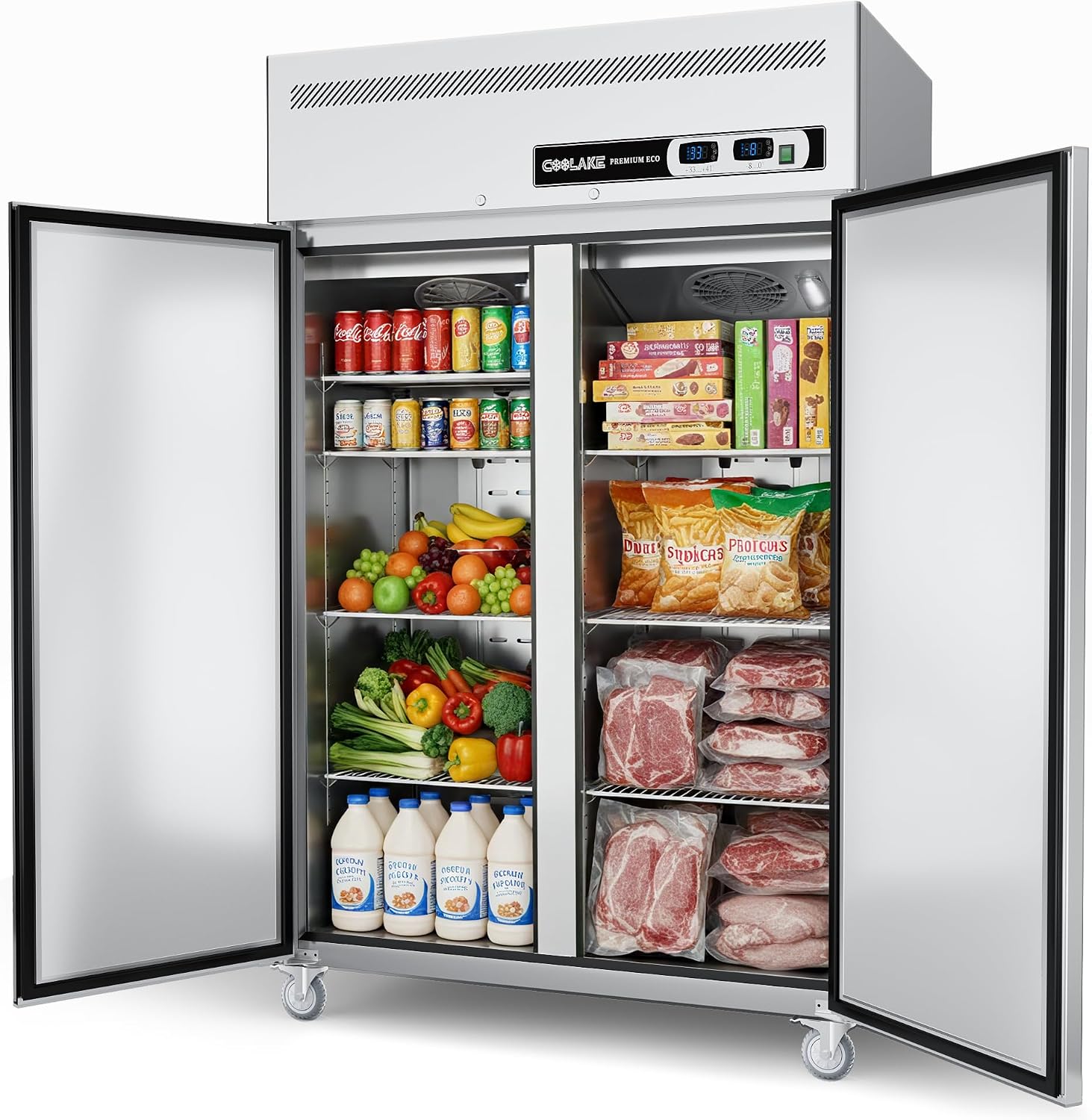 Coolake Commercial Upright Freezer Refrigerator Combo, 48' W Dual Temp Zones, 36 Cu.ft Stainless Steel, 2 Door Reach in Freezer for Restaurant Bar Shop Kitchen Garage School Church