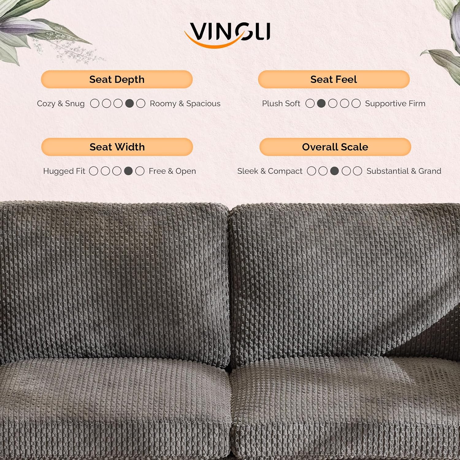 VINGLI 68' W Comfy Mid Century Loveseat, Two Seater Sofa with Spring Support & Solid Wood Frame, Corduroy Fabric Small Couch for Living Room, Small Space, Bedroom, Grey