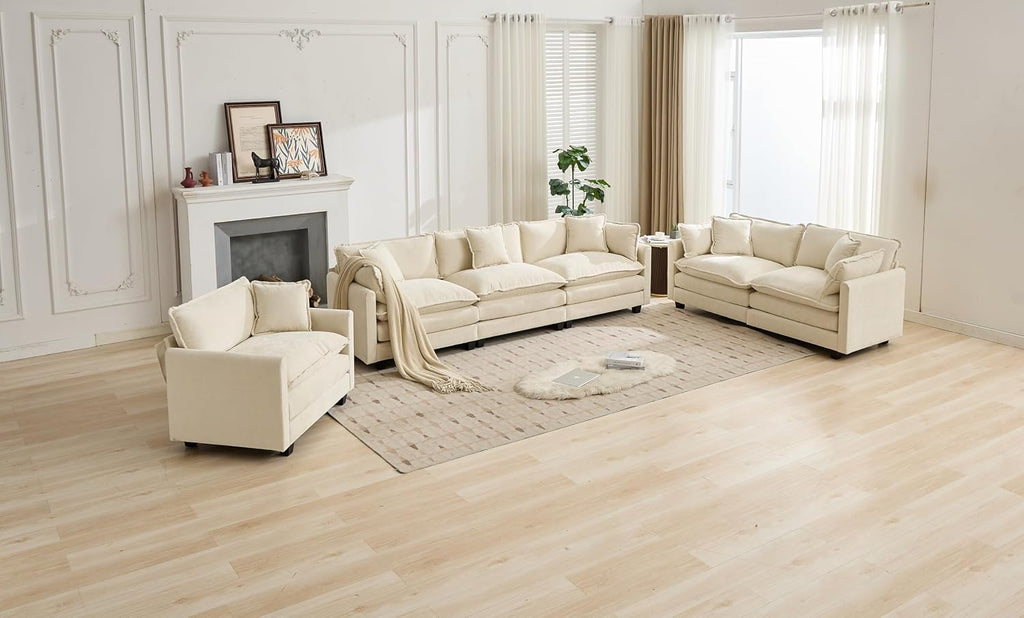 SoarFlash 113.78' Chenille Sectional Sofa, Comfy Modular Loveseat Sofa, Modern 3-Seat Couch Deep Seat Sofa Set for Living Room,Beige