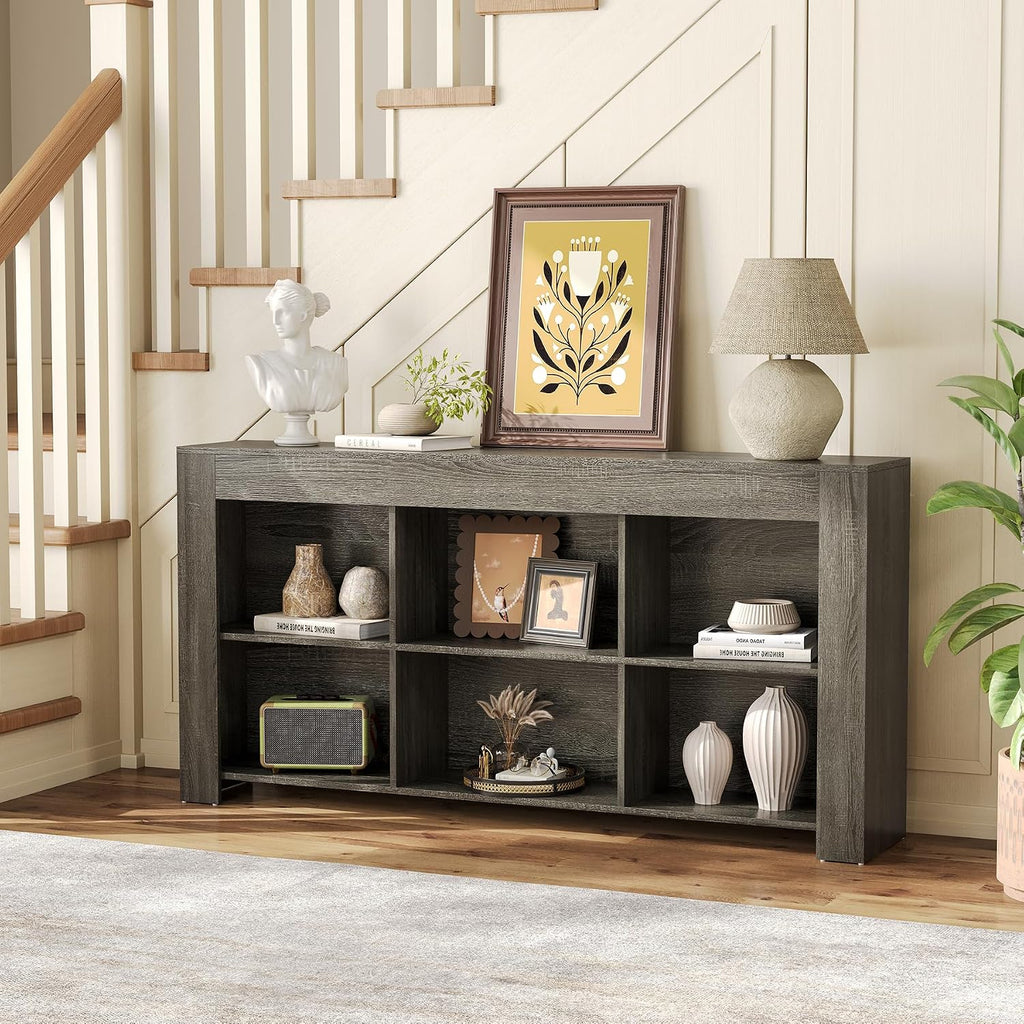 LITTLE TREE Console Table with Storage, 63-Inch Long Sofa Table, Entryway Table with Cubes, Farmhouse Storage Shelves for Entryway, Living Room, Grey + Black