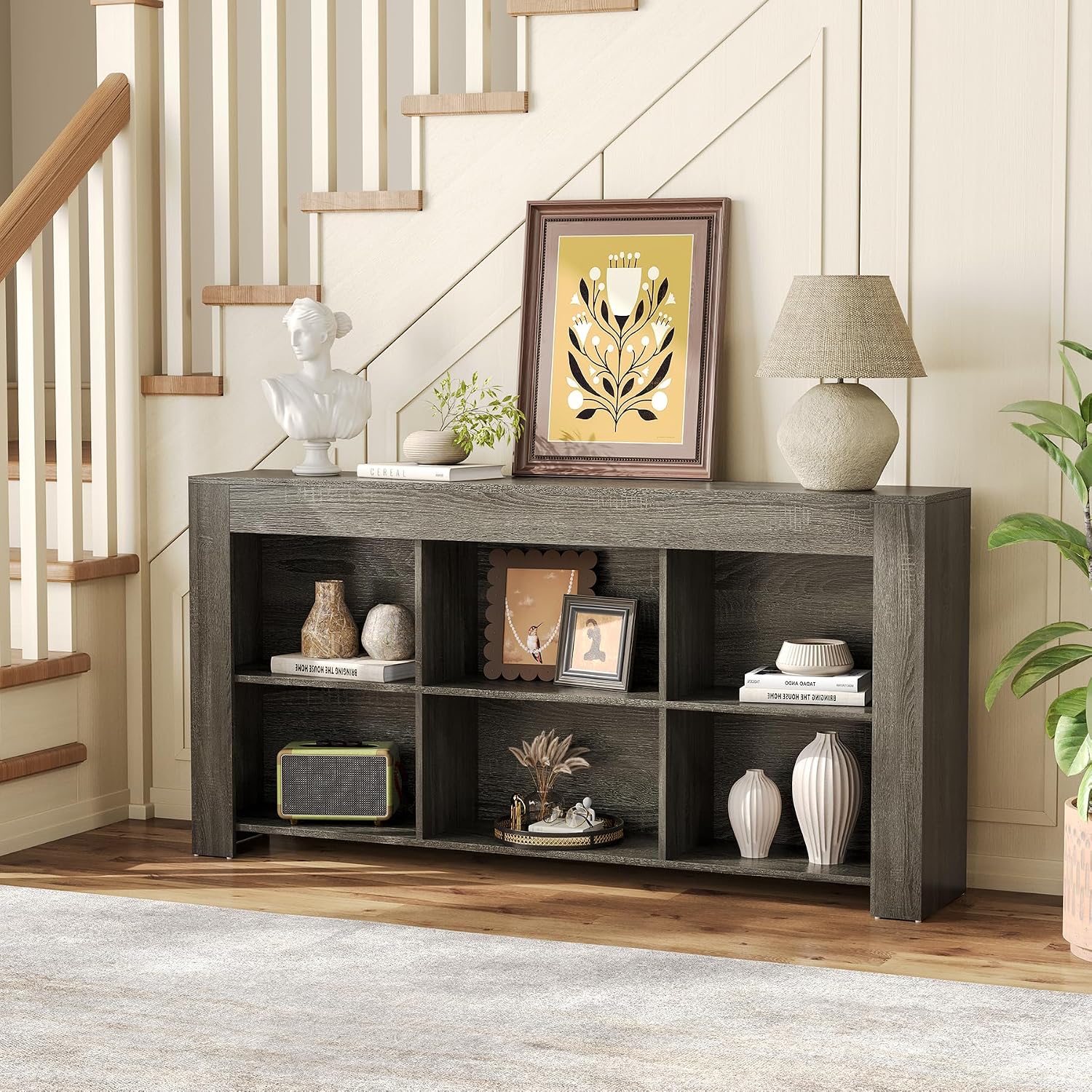 LITTLE TREE Console Table with Storage, 63-Inch Long Sofa Table, Entryway Table with Cubes, Farmhouse Storage Shelves for Entryway, Living Room, Grey + Black