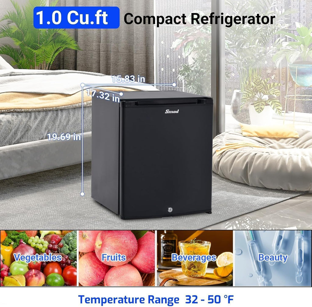 Smad Locking Mini Fridge 1.0 cu.ft, 12V RV Refrigerator 12V / 110V Super Quiet 12V Fridge Reversible Door Absorption Refrigerator for RV, Truck, Camping, Boat Use, Black