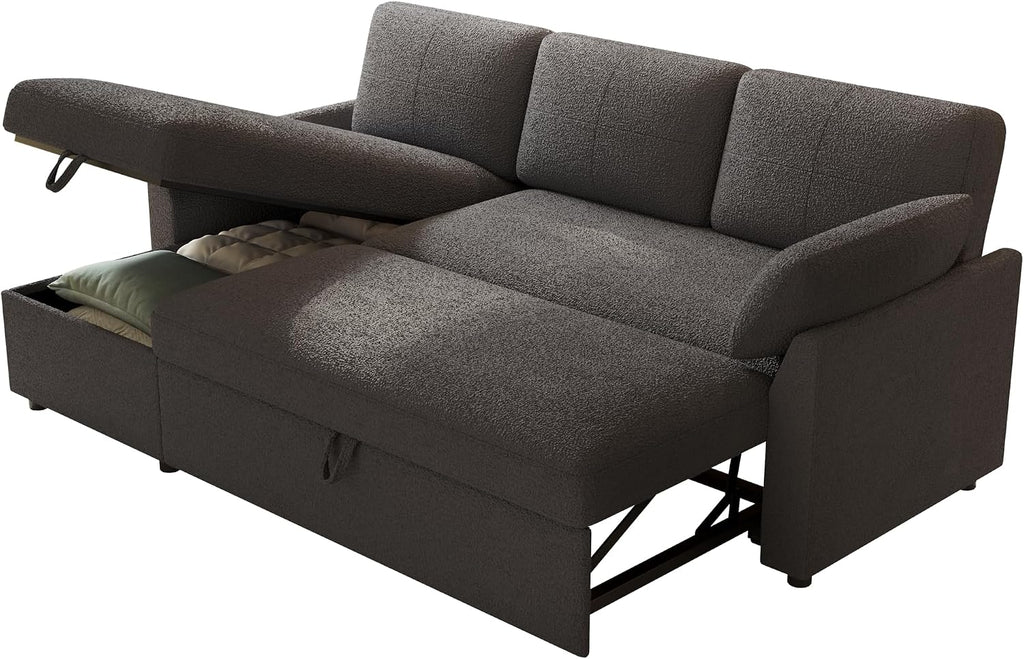 AMERLIFE Sofa Bed, Sleeper Sofa- 2 in 1 Pull Out Couch Bed with Storage Chaise for Living Room, Guest Room, Boucle Dark Grey