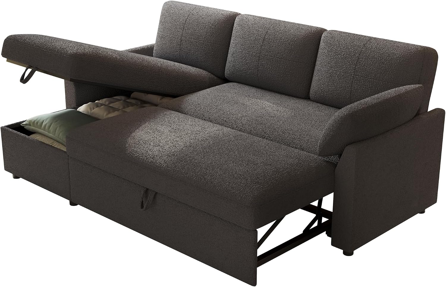 AMERLIFE Sofa Bed, Sleeper Sofa- 2 in 1 Pull Out Couch Bed with Storage Chaise for Living Room, Guest Room, Boucle Dark Grey