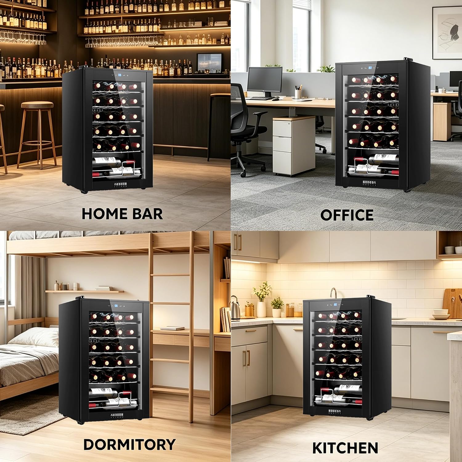 BODEGA COOLER 24 Bottle Wine Cooler, 2.5 Cu.Ft Mini Fridge with Lock, Freestanding & Under Counter, Small Refrigerator for Office, Bedroom and Home Bar, Double Glass Door & Digital Temp Control