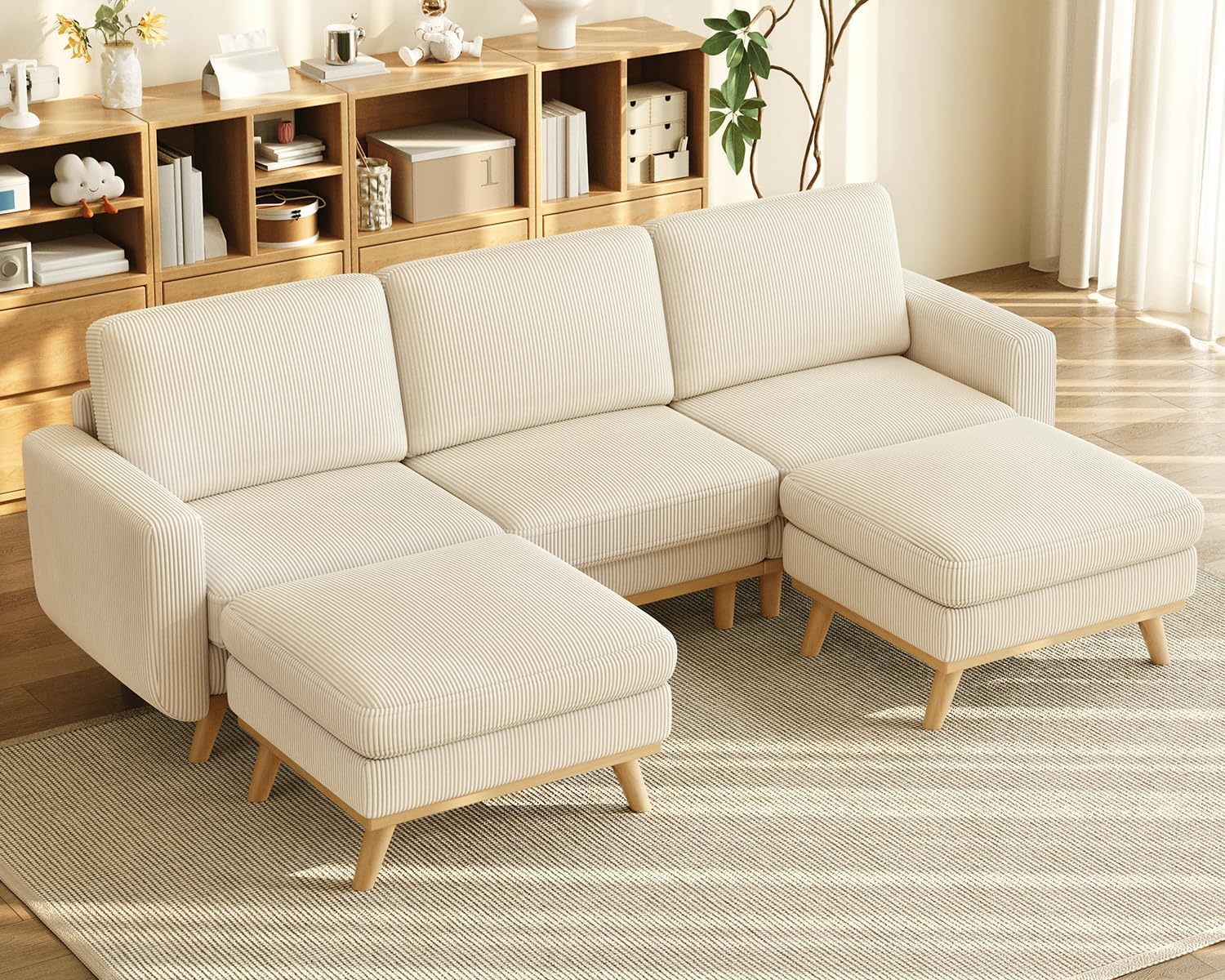 Vesgantti 97' Modular Sectional Sofa Beige, U-Shaped Couch with Movable Ottoman, Comfy Corduroy Couch with Spring Cushion, Modular Sofa with Deep Seat for Living Room, Bedroom and Apartment