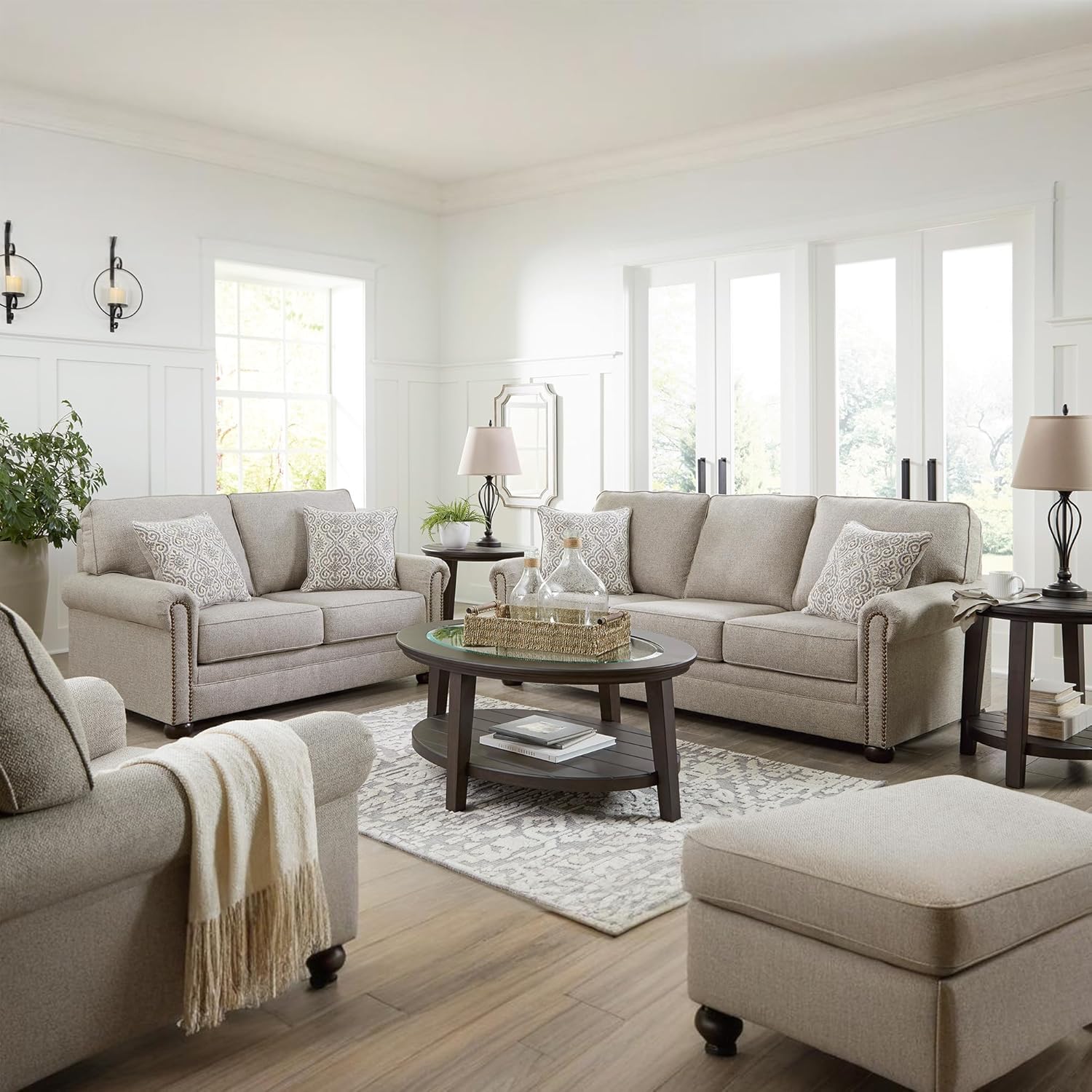 Signature Design by Ashley Gaelon Transitional Loveseat with Nailheads and 2 Accent Pillows, Beige