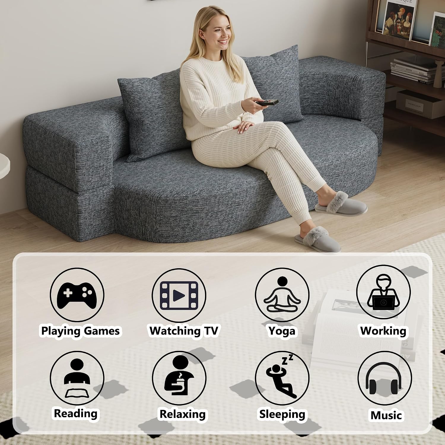 HENGJIANYI Folding Sofa Bed, Convertible Futon Sleeper Bed, 2-in-1 Foldable Floor Mattress with 2 Pillows, Breathable High-Density Foam Lazy Couch, Twin Size Comfy Lounge Chair, Dark Gray