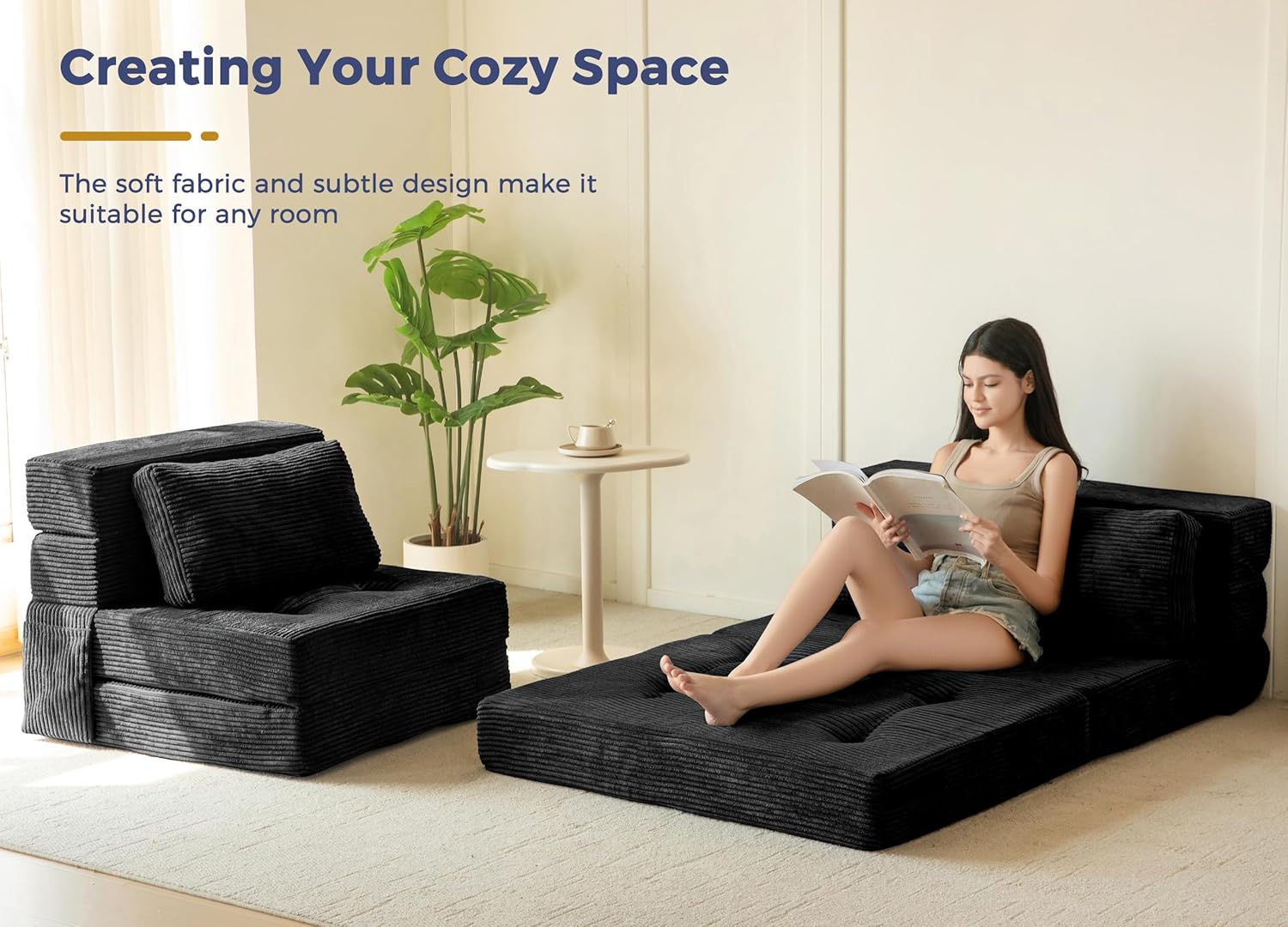 MAXYOYO Convertible Sofa Bed, Fold Out Loveseat Sleeper Sofa with Pillow, 4 in 1 Tufted Folding Couch Bed Foam Floor Couch, Lazy Chair for Living Room Bedroom Guest Room, Black
