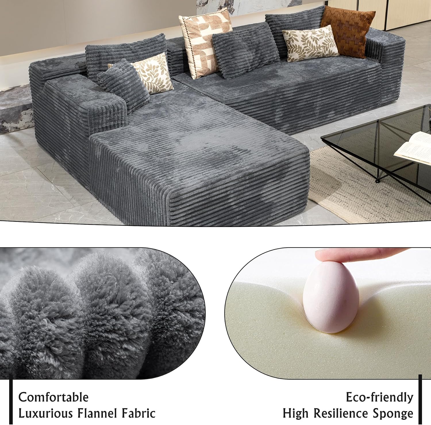 Sectional Couches for Living Room Corduroy Couch, 104' Cloud Boneless Couch with L-Shape Chaise, Modern Modular Sofa, Deep Seat Comfort, No Assembly Required(Plush Corduroy, Left Facing Chaise)