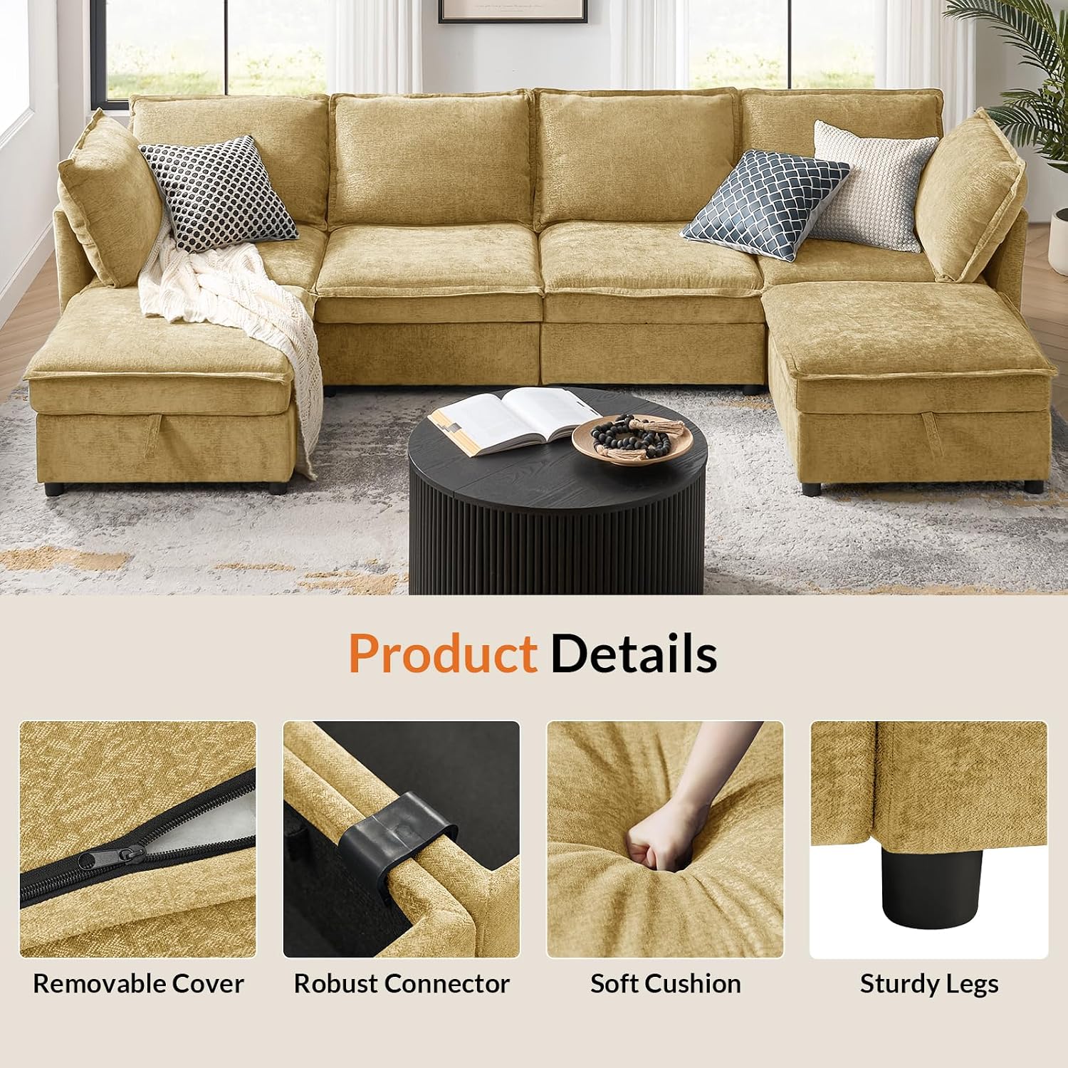 HULALA HOME 127'' Modular Sectional Sofa, Oversized U Shaped Couch with Storage Ottoman, Comfy Chenille Sofa with Deep Seat, 6 Seat Convertible Couches for Living Room, Cream