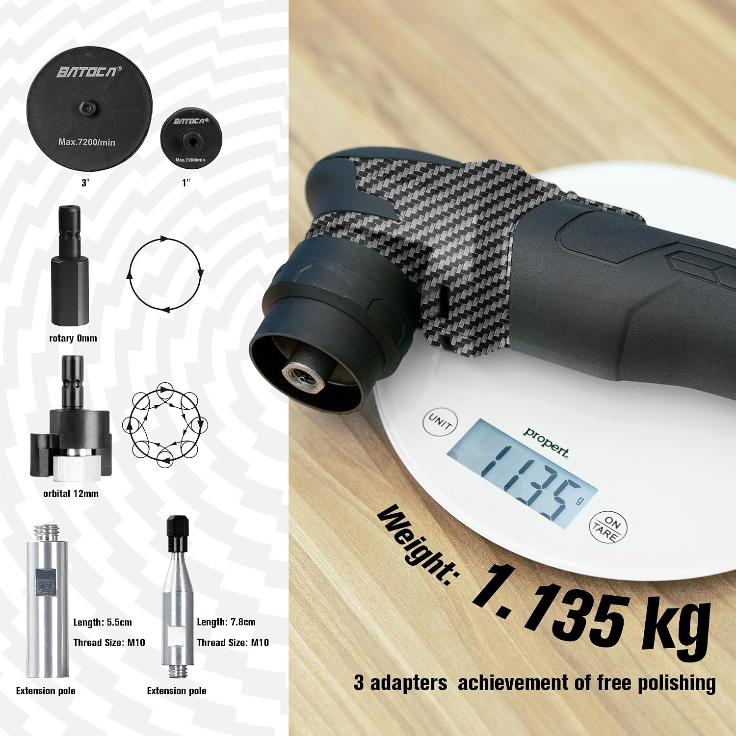 BATOCA S4 Cordless Multi-Polisher-Set, with 2Pcs 12V 2.5Ah Batteries, RO&DA Car Buffer Polisher, 1&3inch Mini Brushless Polisher for Car Detailing, Carbon Style