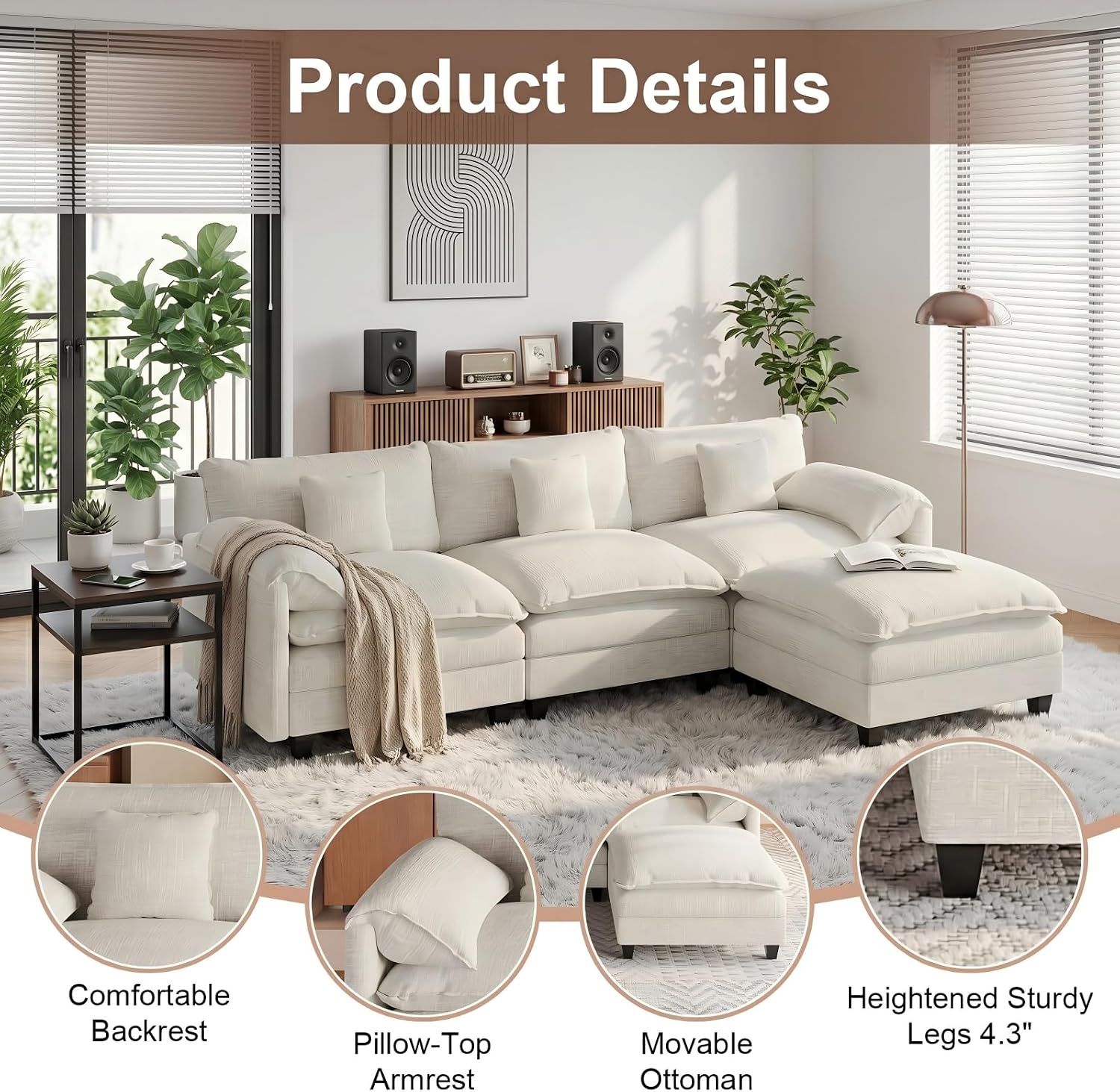KCGKCG Modular Sectional Sofa, 108' Comfy Cloud Couch with Movable Ottoman | Charging Station | Side Pocket | Throw Pillow, Modern L-Shaped Couches for Living Room, Chenille, Cloud White