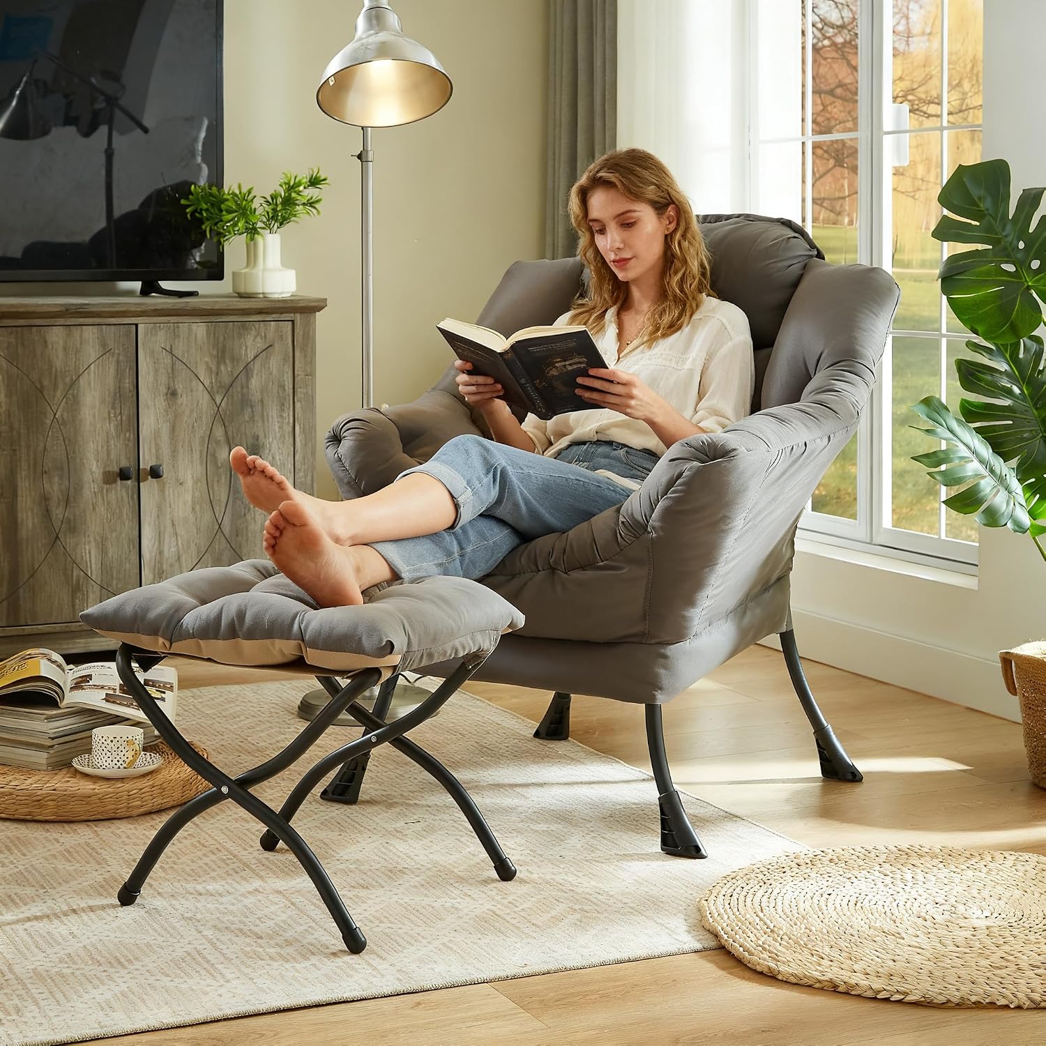 HollyHOME Lazy Chair with Foldable Ottoman, Accent Comfy Lounge Armchair and Folding Footrest Stool, Leisure Sofa Reading Chair and Footstool for Living Room, Bedroom, Dorm,Dark Grey