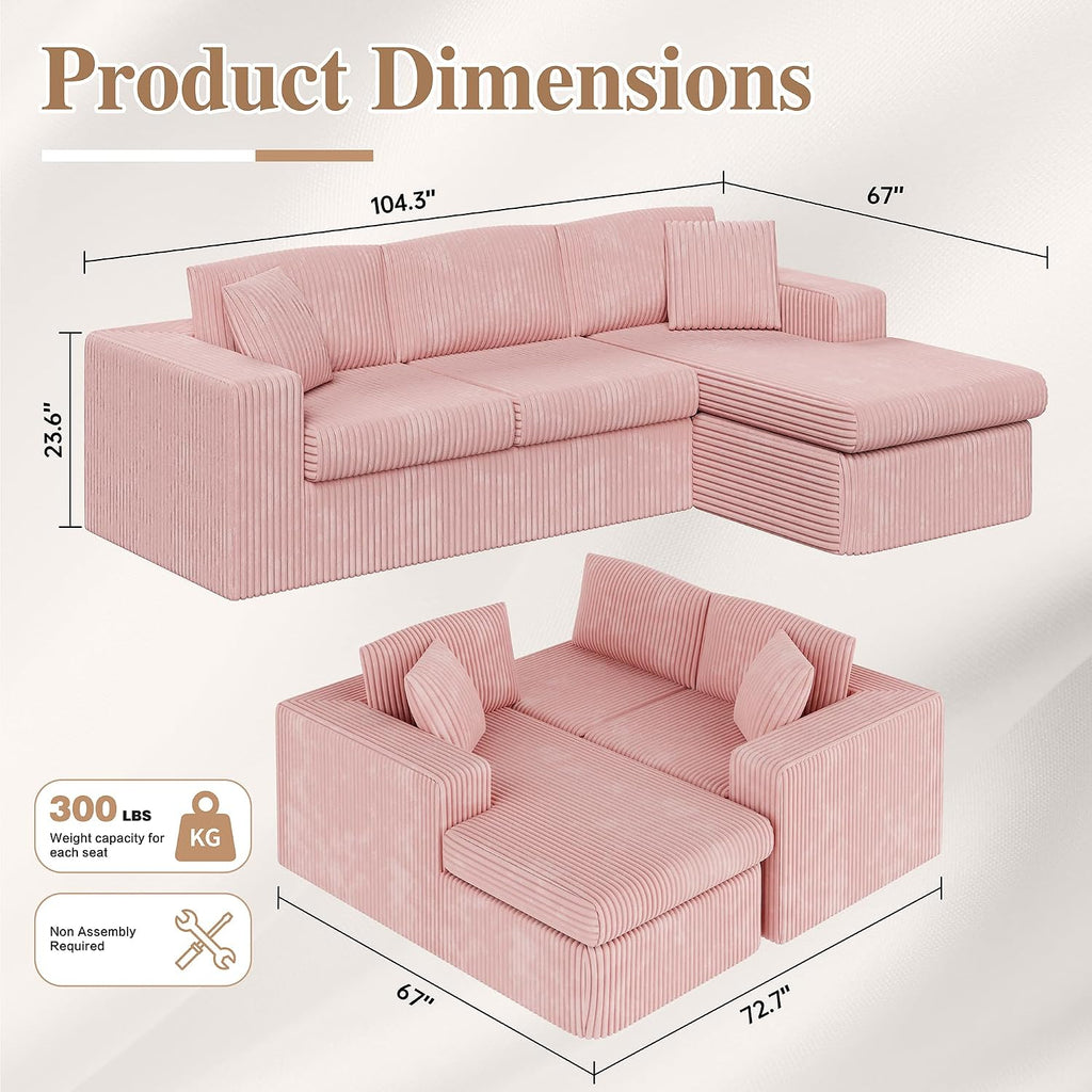 JAMFLY 105' Boneless Couches for Living Room Modular Sectional Sofa L-Shape Couch with Oversized Chaise, Cloud Couch Deep Seat Memory Foam Upholstered for Bedroom, Plush Corduroy Fabric, Baby Pink