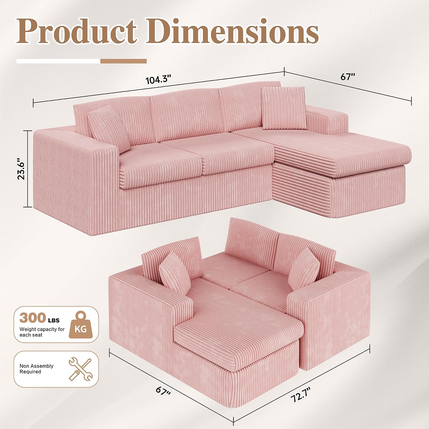 JAMFLY 105' Boneless Couches for Living Room Modular Sectional Sofa L-Shape Couch with Oversized Chaise, Cloud Couch Deep Seat Memory Foam Upholstered for Bedroom, Plush Corduroy Fabric, Baby Pink