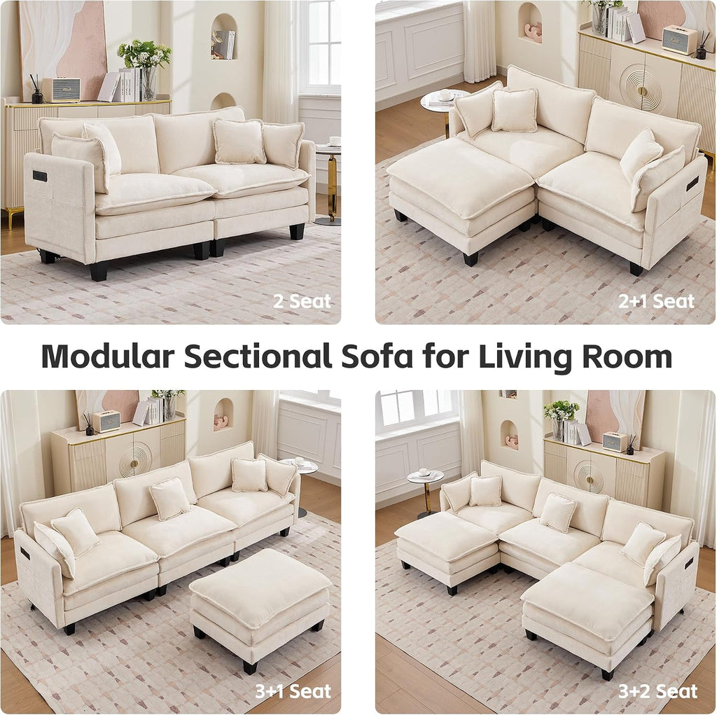 Modular Sectional Sofa, 75' Loveseat Modern Couches for Living Room, Comfy Cloud Couch with Deep Seat for Office and Apartment, with Charger, USB & Type-c Port, Beige Chenille Fabric