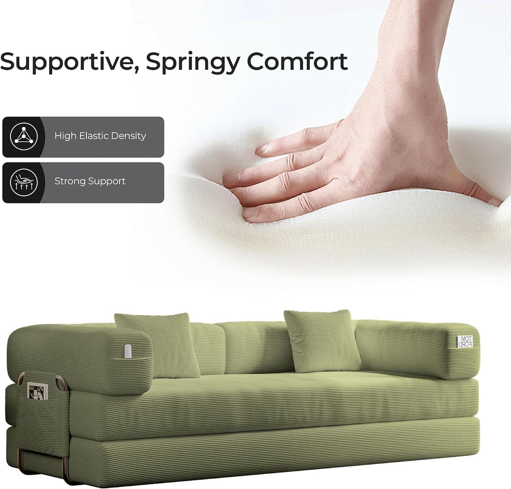 5-in-1 Folding Convertible Sofa Bed, Loveseat Sleeper with Pull-Out Bed, Floor Sofa Modular Futon Couch, 79' Oversized Corduroy Upholstered Boneless Couch for Living Room, Bedroom, Lounge, A-Green